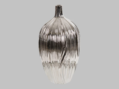 Metallic Silver Ribbed Ceramic Bottle