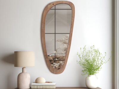 Wood Egg Shaped Mirror Brown